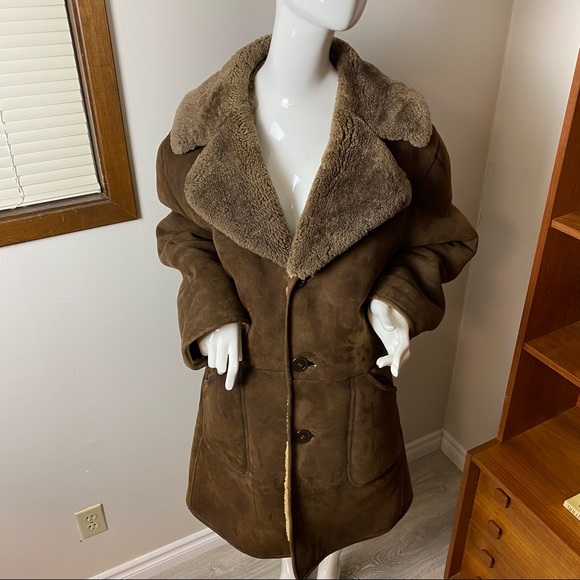 Vintage Genuine Shearling Coat Brown Oversized Collar
